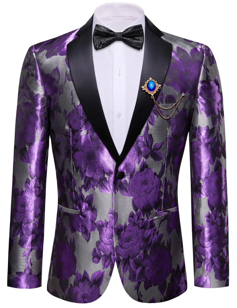 Barry.Wang Mens Floral Blazer Notched Lapel Brooch Suit Jacket Flowers Jacquard Tuxedo Christmas Holiday Cruise Coat Grey Purple