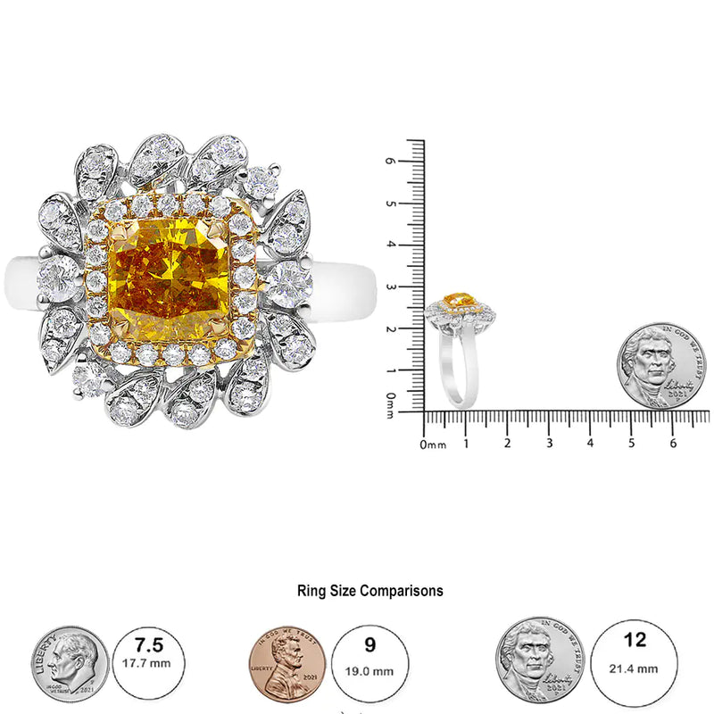 18K White and Yellow Gold 1.76 Cttw Yellow Radiant Lab Grown Center Diamond Double Halo Cocktail Ring (Yellow/G-H Color, VS1-VS2 Clarity)