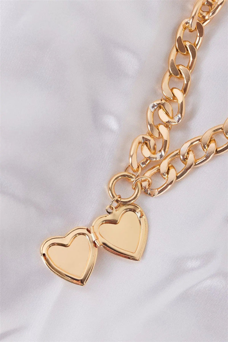 "Sailor Moon" Gold Link Chain Pearl Heart Medallion Necklace Set