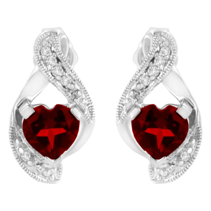 14KT White Gold 6x6mm Created Red Heart Garnet and Diamond Accent Earrings (I-J, I1-I2)