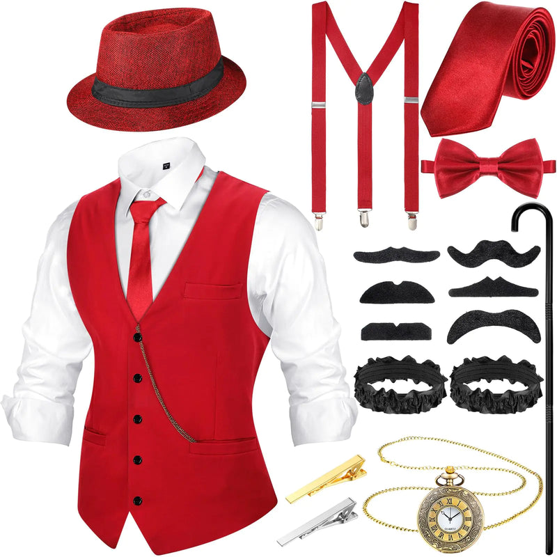 Hercicy 1920s Mens Costume Accessories Set Gangster Vest Hat Suspenders 20s Outfit Clothing for Men 1920s (Wine RedX-Large)