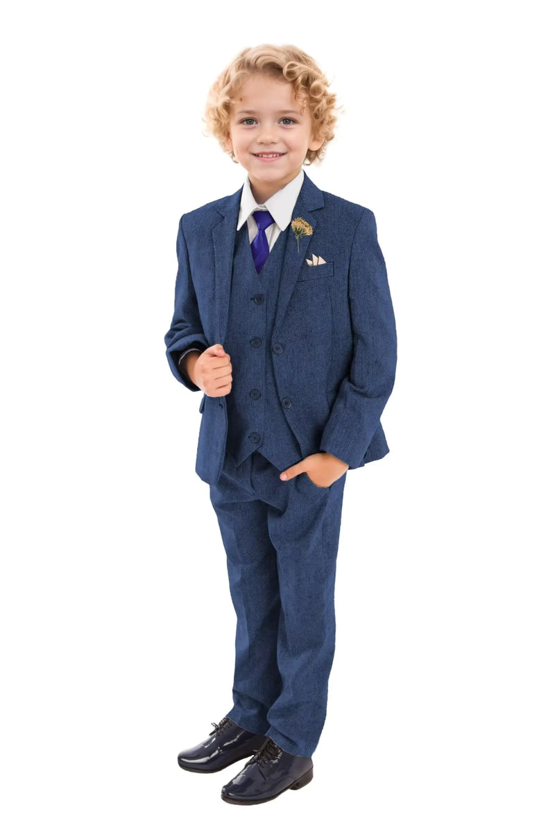 Formal Boy Suits Kids Herringbone Tweed 3 Piece Navy Blue Wool Blend Prom Party Suits for Boys Wedding Dress Clothes Jacket Vest Pant Size 16