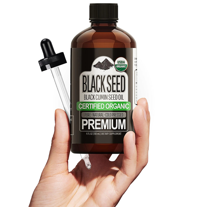 Sun Essential Oils USDA Certified Organic Black Seed Oil (Black Cumin) Pure & Natural Cold Pressed Free of Toxins Heavy Metals Pesticides Harmful Chemicals 4 oz