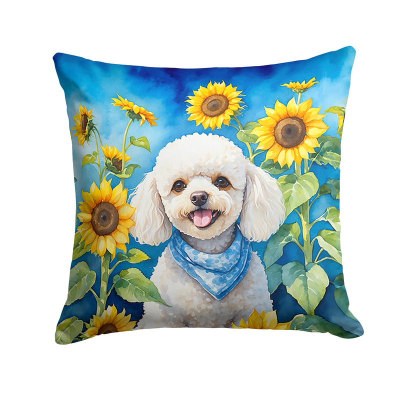 White Poodle in Sunflowers Throw Pillow