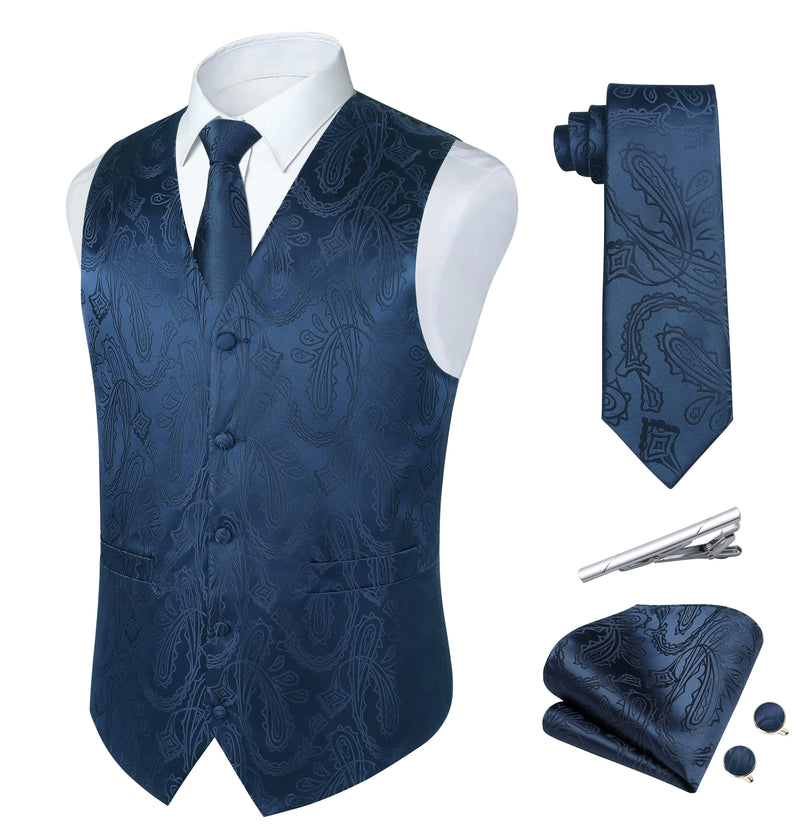 Mens Paisley Suit Vest and Tie Set 5PCS Floral Jacquard Navy Blue Waistcoat Formal Tuxedo Silk Men Dress Vests Necktie Handkerchief Cufflinks for Wedding Party
