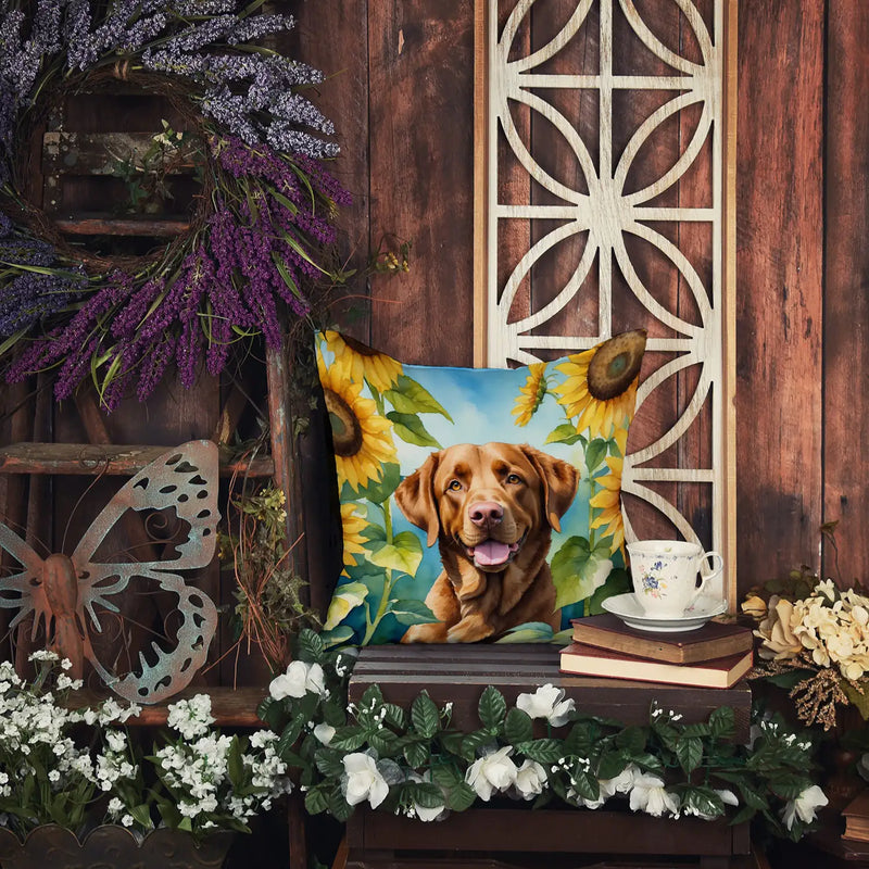 Chesapeake Bay Retriever in Sunflowers Throw Pillow