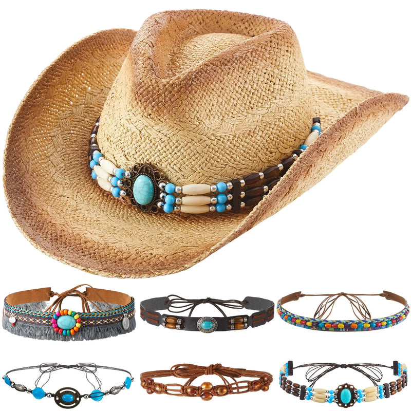 Cutecrop Felt Cowboy Hat for Women Men with 6 Replacement Hat Belts Wide Brim Western Hat for Party(Classic) Beige