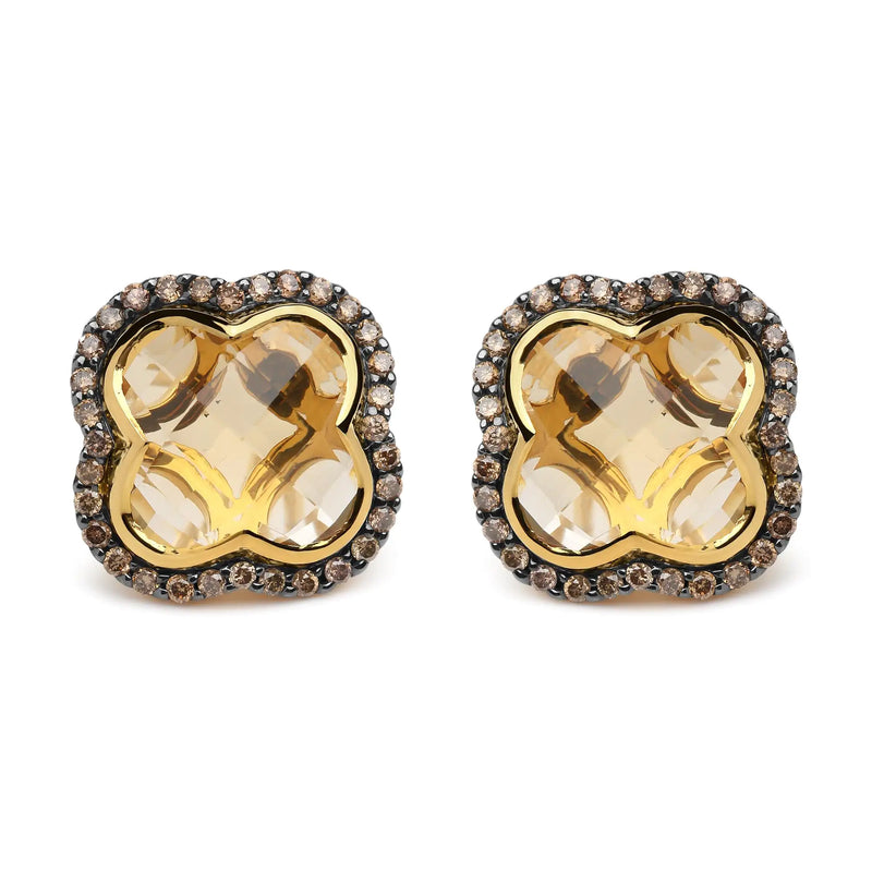 18K Yellow Gold 1/2 Cttw  Brown Diamond and 11x11mm Clover-Cut Yellow Citrine Gemstone Clover Halo Stud Earrings (Brown Color, SI1-SI2 Clarity)