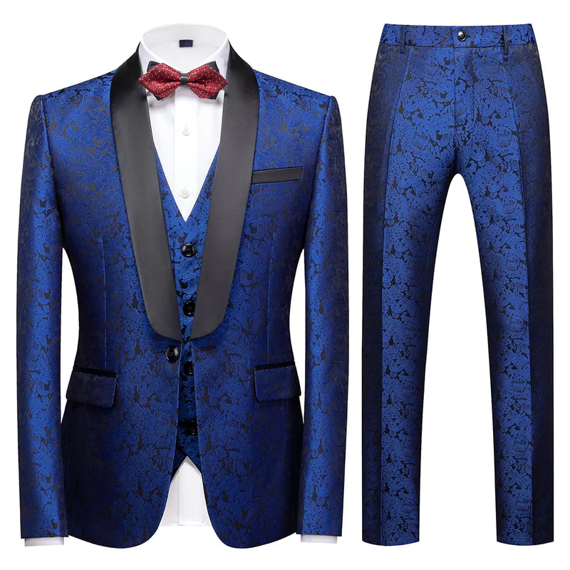 KUDORO Mens Suits Slim Fit 3 Piece Blue Tuxedo Suit Set for Prom Wedding Party Paisley Jacket Vest Pants Homecoming Outfit