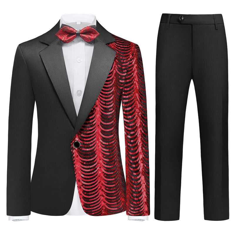 Lamgool Boys Slim Fit Suits 2 Pieces Tuxedo Set Size 6 with Red Sequin Jacket Pant for Kids Prom Wedding Party Formal Outfit