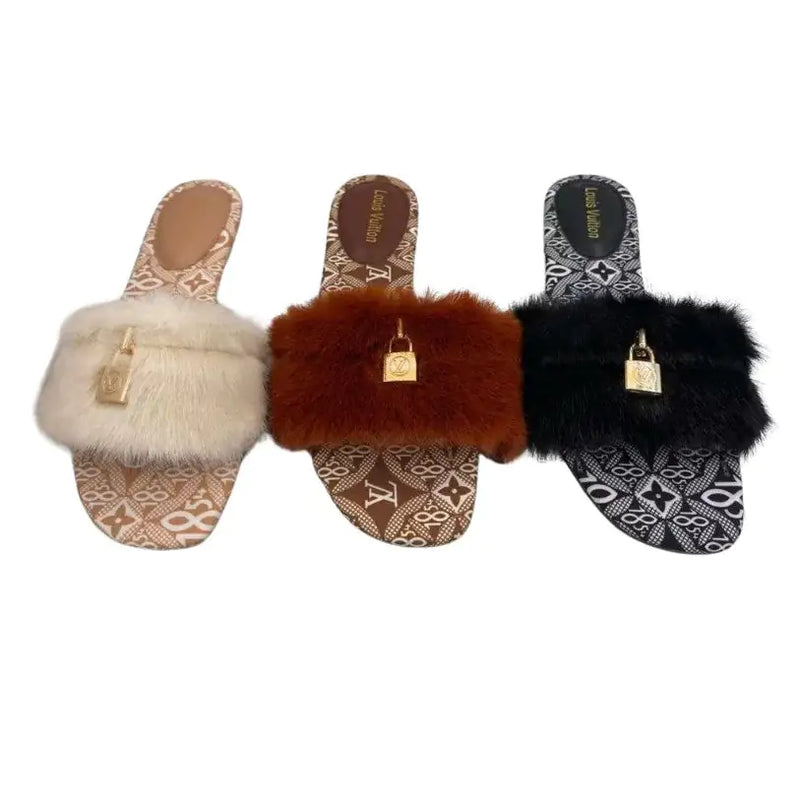 Fashion Design Slide Flat Fur Sandals