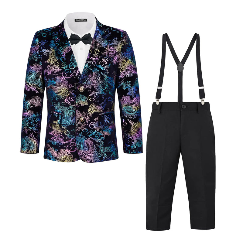 MAGE MALE Boys Colour Jacquard Slim Fit 2 Pieces Suit Jacket Pants Set for Wedding Prom Party Tuxedo with Kids Suspenders