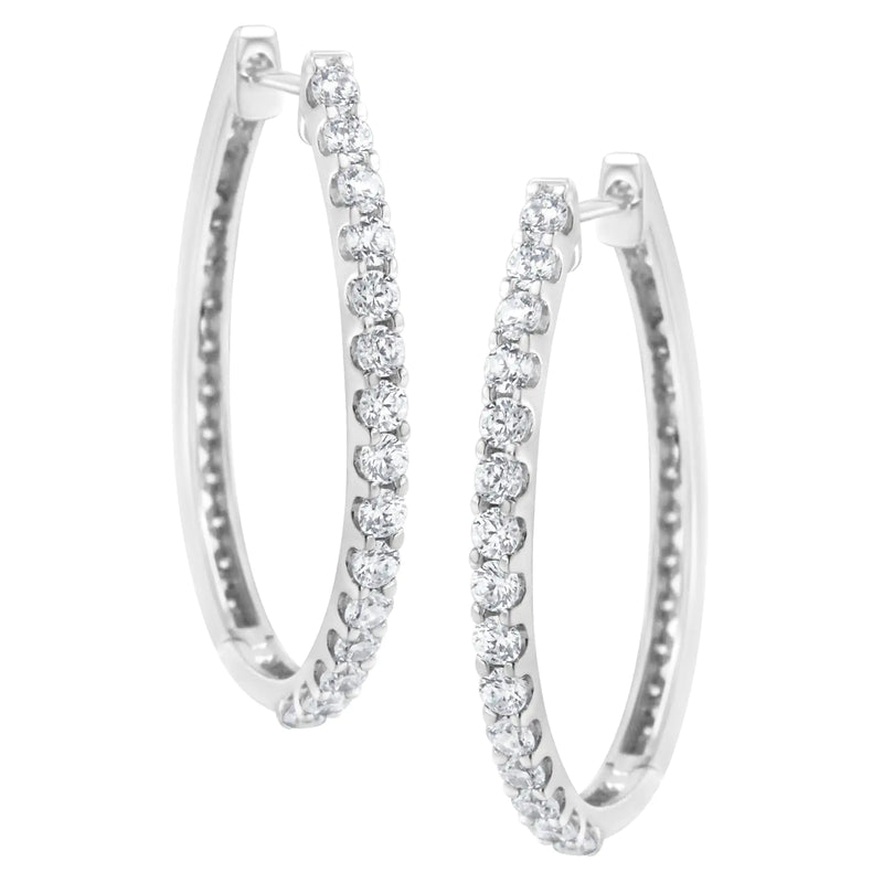 14K White Gold 2.0 Cttw Round Brilliant Cut Diamond Oblong Hinged Leverback Hoop Earrings (I-J Color, I1-I2 Clarity)