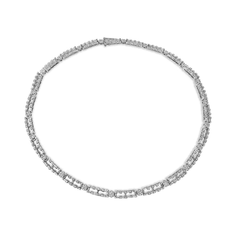 AGS Certified 14K White Gold 8 1/2 Cttw Diamond Alternating Bar and Floral Cluster Link 18" Choker Necklace (G-H Color, SI2-I1 Clarity)