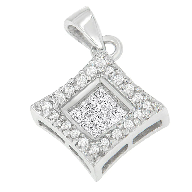 14K White Gold Round and Princess Cut Diamond Pendant Necklace (1/5 cttw, H-I Color, SI1-SI2 Clarity)