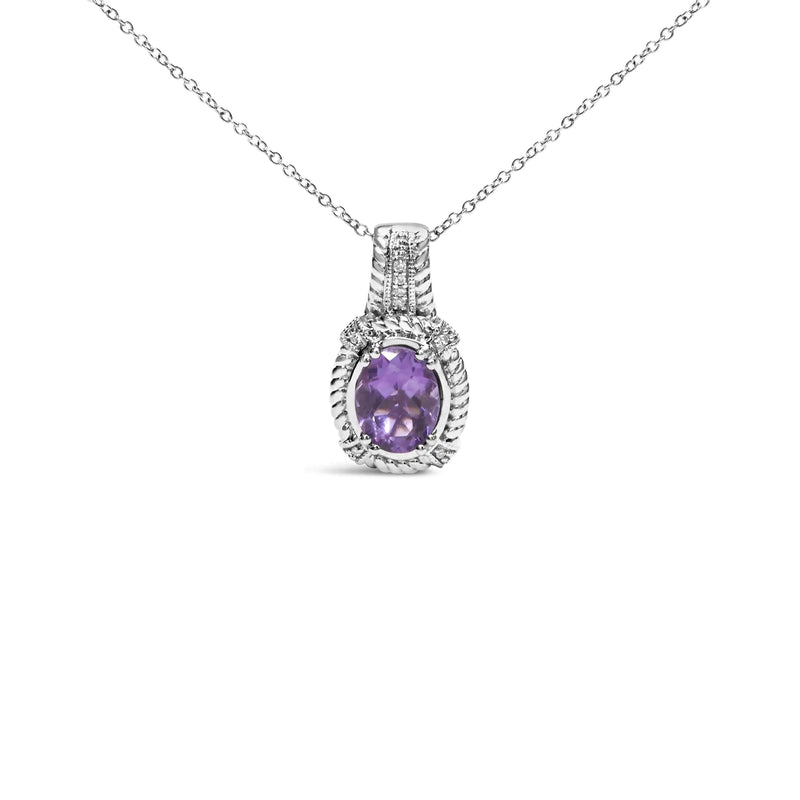 .925 Sterling Silver 9x7mm Oval Purple Amethyst and Round Diamond Accent Fashion Drop Pendant 18 Inch Necklace (I-J Color, I1-I2 Clarity)