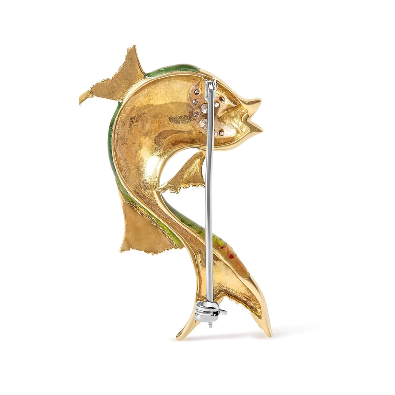 18K Yellow Gold and Green Enamel Diamond and Pink Sapphire Fish Brooch Pin (H-I Color, VS2-SI1 Clarity)