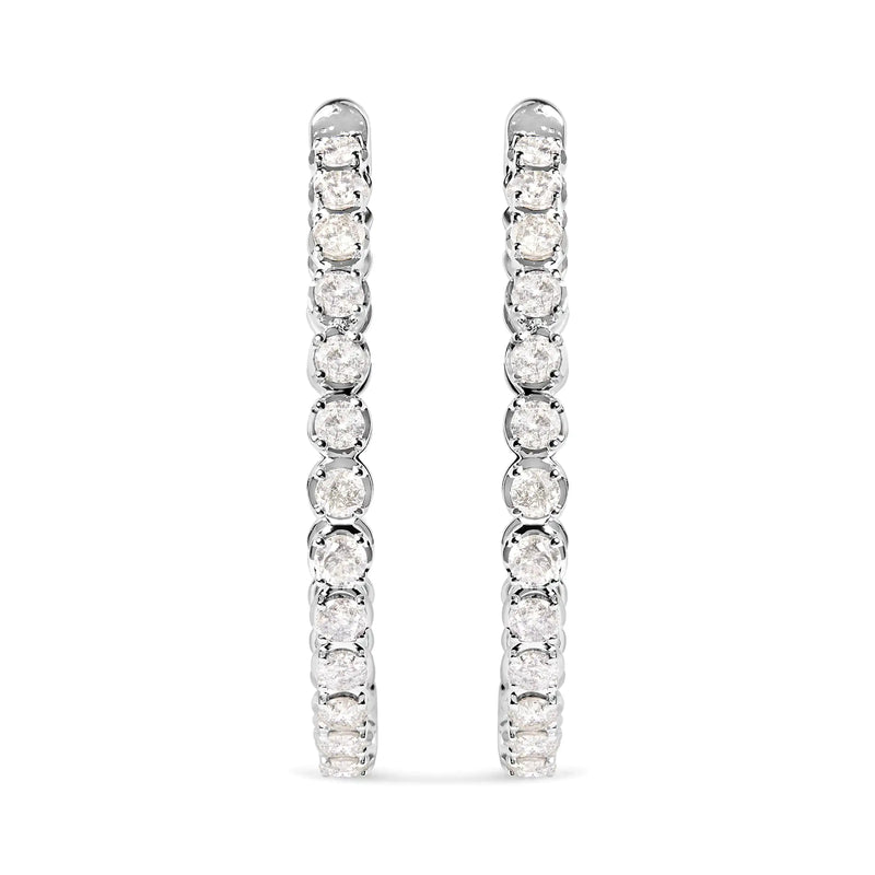 14K White Gold 7.0 Cttw Diamond 1-¾ Inside Out Hinged Leverback Hoop Earrings (I-J Color, I2-I3 Clarity)