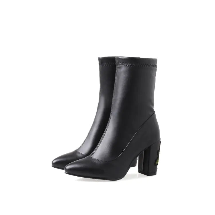 Embroidered Gray Ankle Boots with Chunky Heels for Women