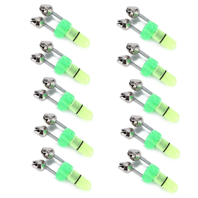 10/40 PC LED Night Fishing Bite Bait Alarm 2 Bells Light Rod Tip Clip Alert Ring