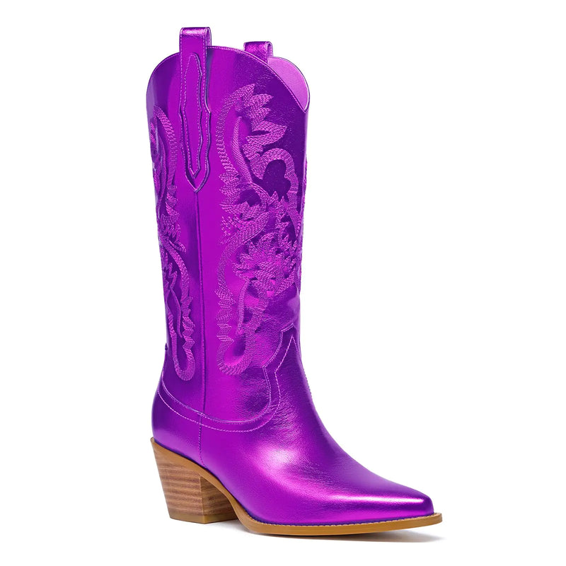 RKQ Womens Purple Sparkle Metallic Mid Calf Cowboy Boots Glitter Wide-calf Embroidered Cowgirl Boots Western Booties Pointed Toe Chunky Block Heel Pull On Tabs classic sexy party Boots 13