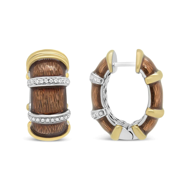 18K Yellow and White Gold Flash Plated .925 Sterling Silver Clear Brown Enamel 9/10 Cttw Round Diamonds Huggie Hoop Earrings (F-G Color, VS1-VS2 Clarity)