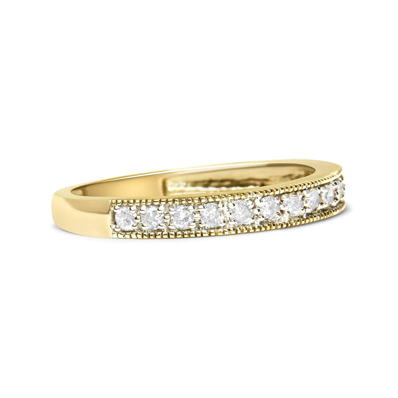 IGI Certified 1/4 Cttw Diamond 10K Yellow Gold Prong Set Beaded Milgrain Band Style Ring (J-K Color, I2-I3 Clarity)