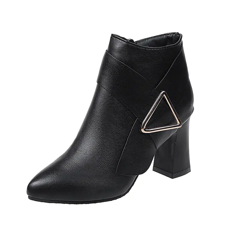 Chic Chunky Heel Pointed Toe Ankle Boots with Metal Decor