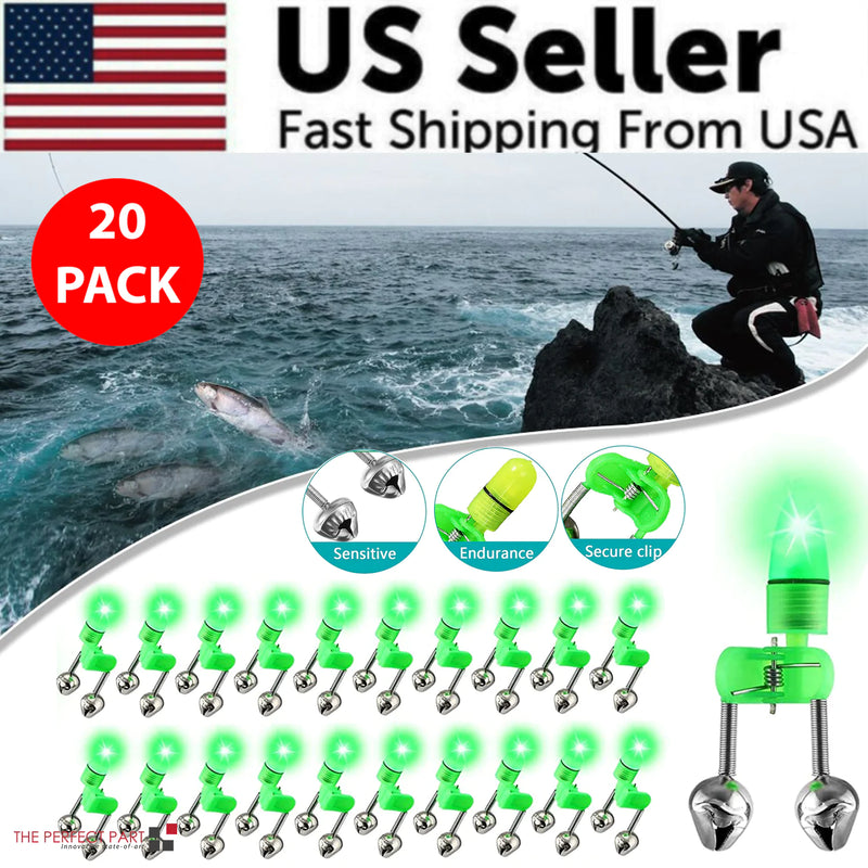 10/40 PC LED Night Fishing Bite Bait Alarm 2 Bells Light Rod Tip Clip Alert Ring