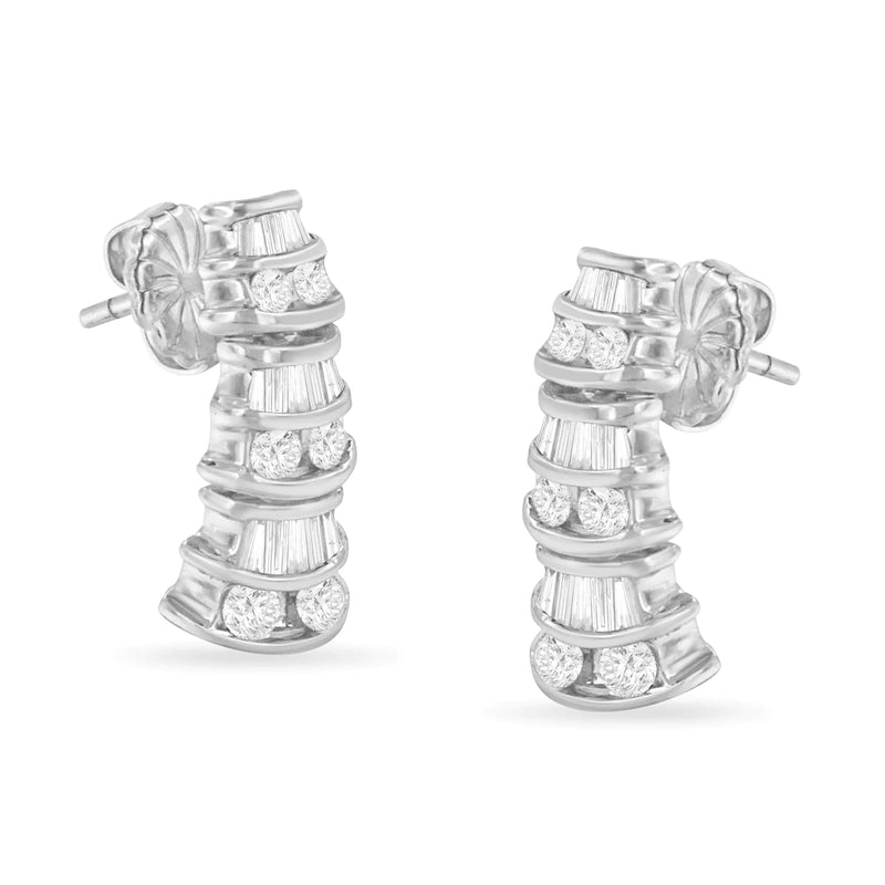 14KT White Gold 7/8 cttw Bagutte & Round Brilliant-Cut Diamond Dangle Multi Row Earrings (H-I, SI2-I1)