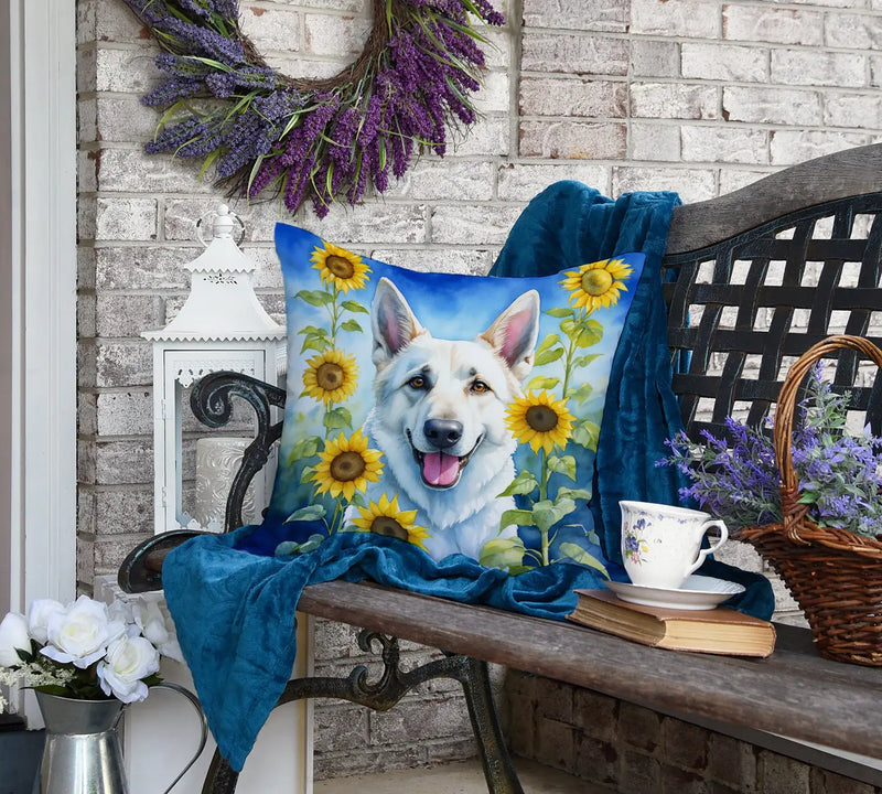 White German Shepherd in Sunflowers Throw Pillow