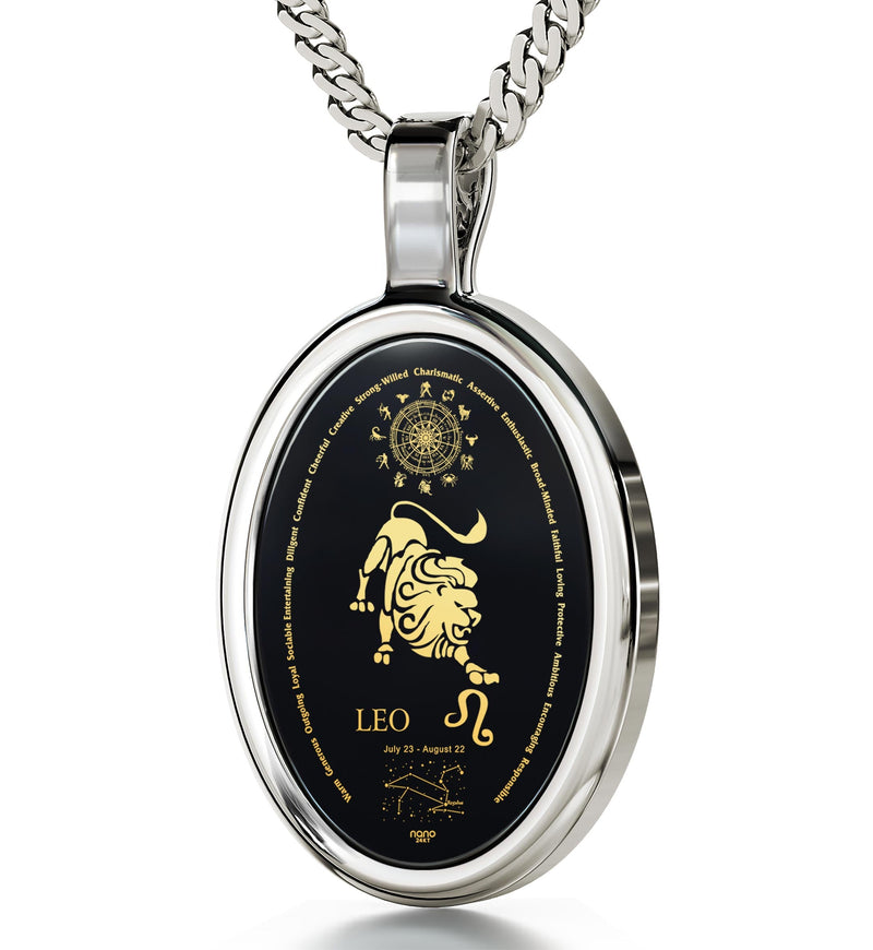 Leo Necklace Zodiac Pendant 24k Gold Inscribed on Onyx Stone