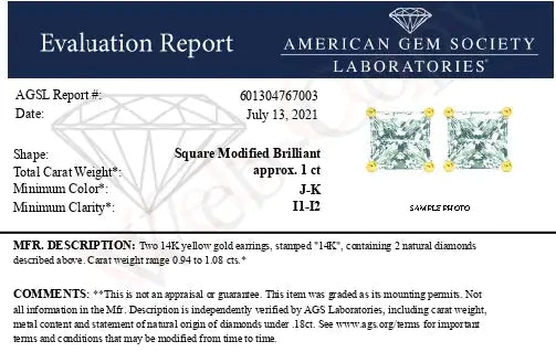 AGS Certified 14K Gold 1.0 Cttw 4-Prong Set Princess-Cut Solitaire Diamond Push Back Stud Earrings (J-K Color, I1-I2 Clarity)
