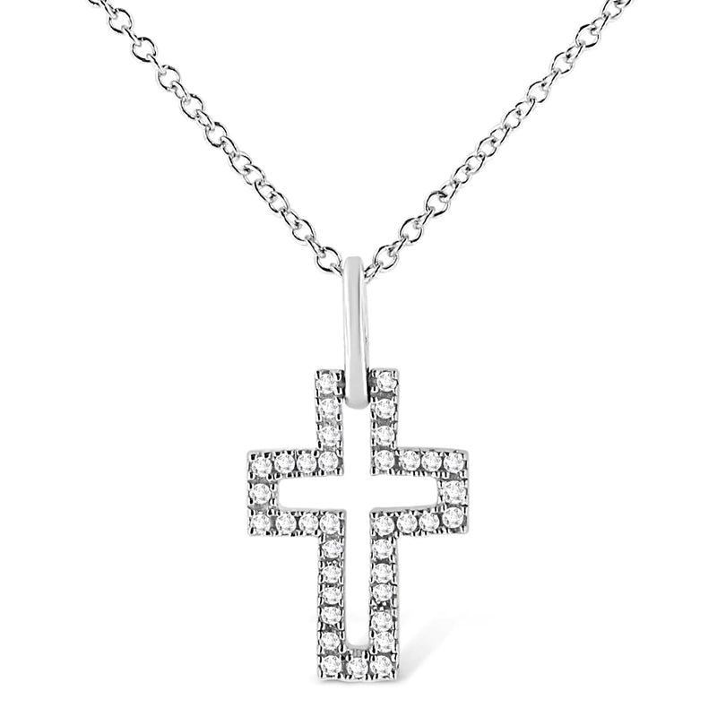 .925 Sterling Silver 1/10 cttw Pave-Set Round-Cut Diamond Open Cross 18" Pendant Necklace (I-J Color, I1-2 Clarity)