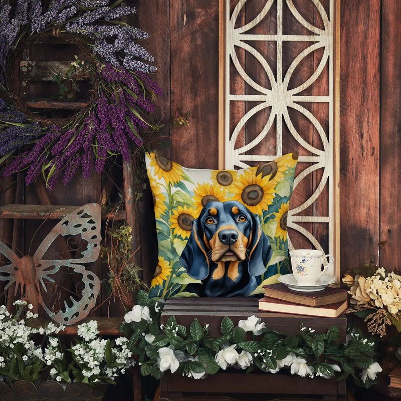 Black and Tan Coonhound in Sunflowers Throw Pillow