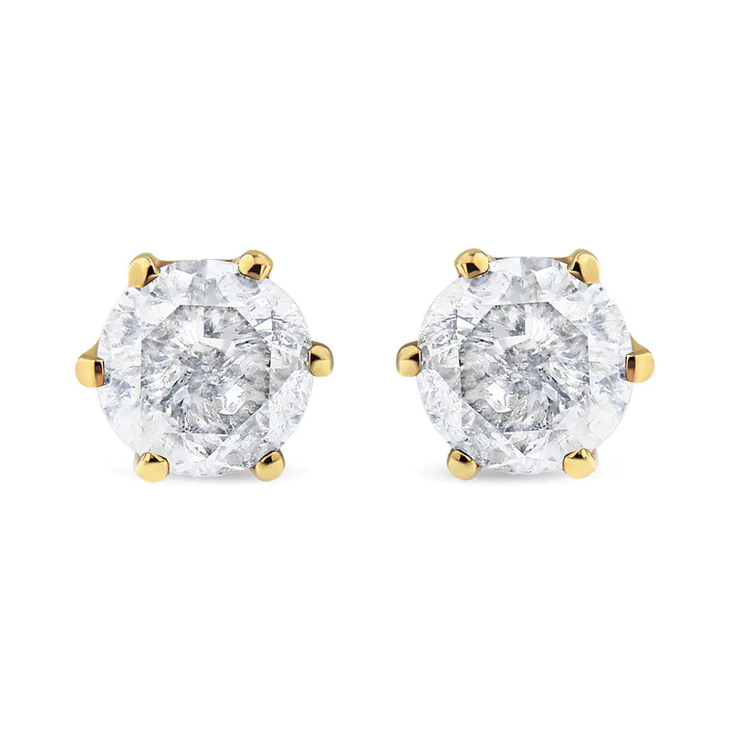 AGS Certified 2.00 Cttw Round Brilliant-Cut Diamond 14K Yellow Gold 6-Prong-Set Solitaire Stud Earrings with Screw Backs (J-K Color, I1-I2 Clarity)