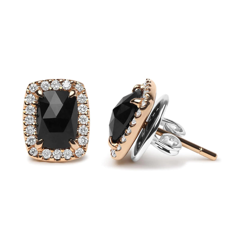 18K Rose and White Gold 1/4 Cttw Round Diamond and 8x6mm Cushion Cut Black Onyx Gemstone Halo Stud Earrings (G-H Color, SI1-SI2 Clarity)