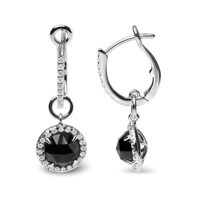 18K White Gold 1/3 Cttw Diamond and 7mm Round Black Onyx Gemstone Halo Dangle Hoop Earrings (G-H Color, SI1-SI2 Clarity)