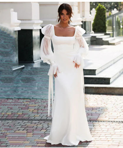 Elegant Satin Mermaid Wedding Dress with Puff Sleeves