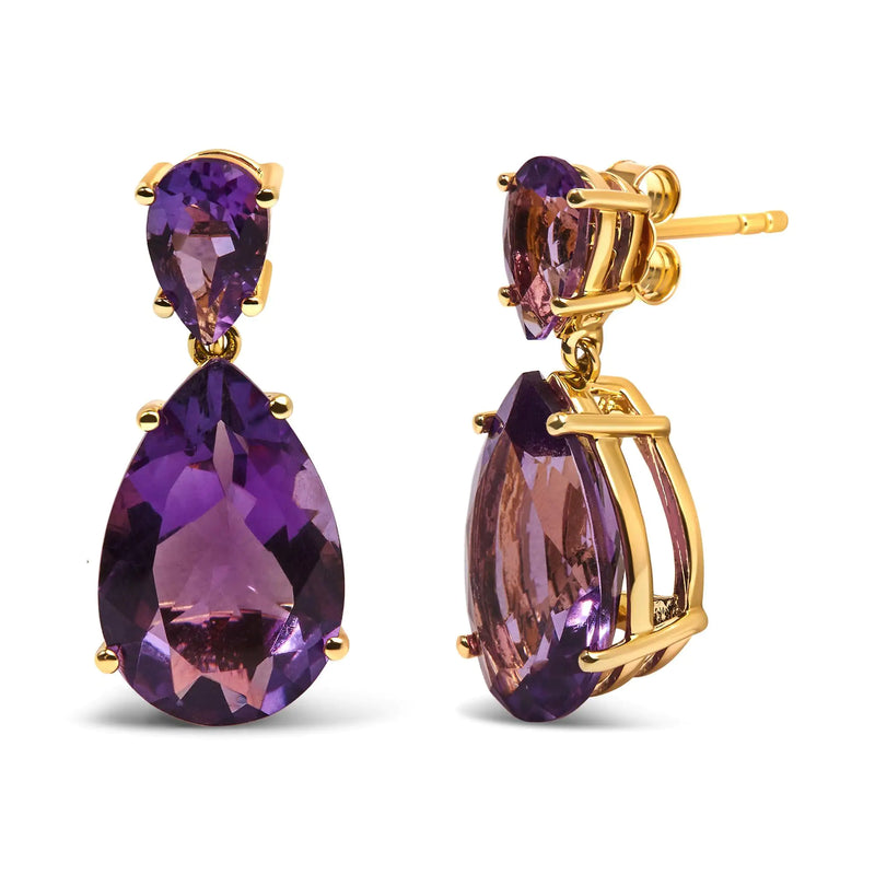 10K Yellow Gold Plated .925 Sterling Silver 12 2/5 Cttw Pear Shaped Purple Brazilian Amethyst Double Dangle and Drop Earring