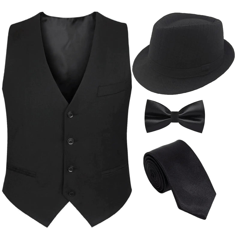 1920s Mens Accessories Roaring 20s Costume Gatsby Gangster Vest Fedora Hat Bow Tie pre Tie (Black Large)