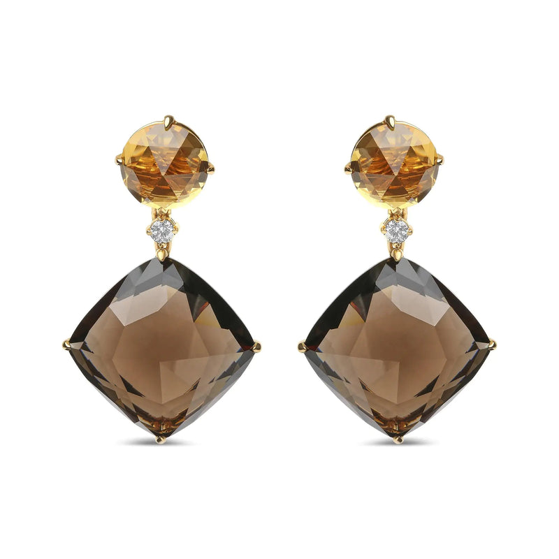 18K Yellow Gold 1/5 Cttw Diamond with Round Yellow Citrine and 25mm Cushion Cut Smoky Quartz Gemstone Dangle Earring (G-H Color, SI1-SI2 Clarity)