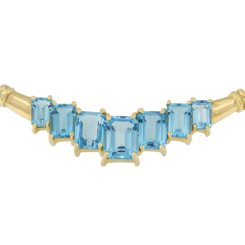 14K Yellow Gold 10.0 Cttw Emerald-Cut Blue Topaz 7-Gemstone Chevron Fashion Pendant Necklace on 18" Herringbone Chain