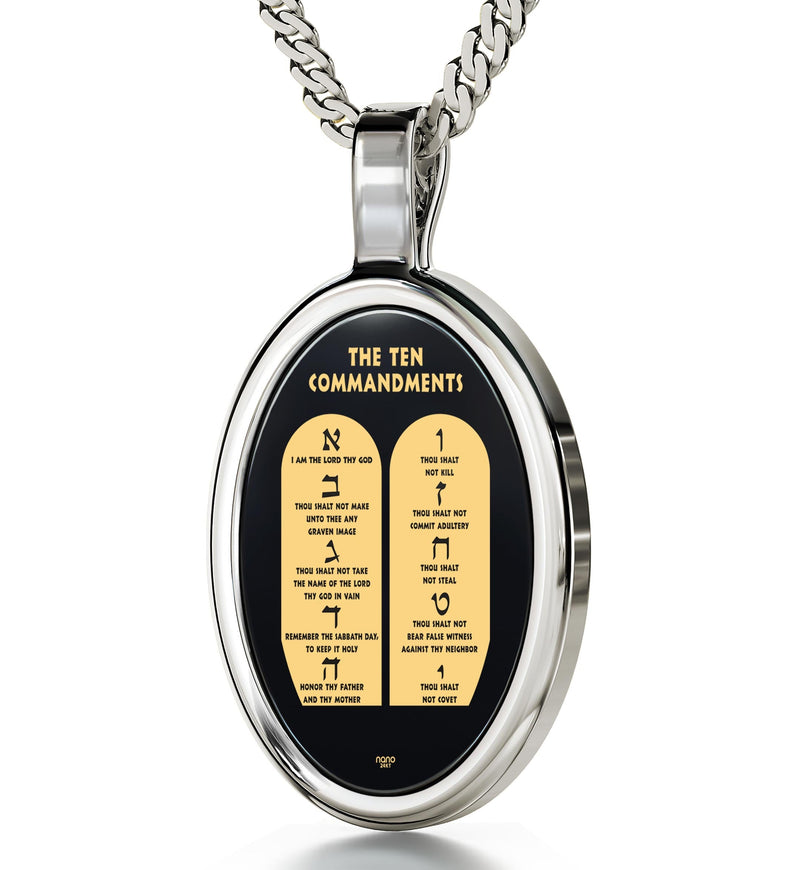 10 Commandments Necklace Hebrew Pendant 24k Gold Inscribed on Onyx