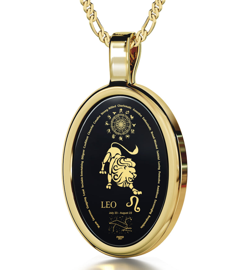 Leo Necklace Zodiac Pendant 24k Gold Inscribed on Onyx Stone