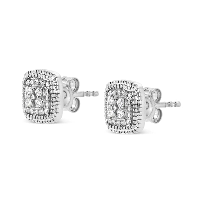 .925 Sterling Silver 1/10 Cttw Prong-Set Round Cut Diamond Square Shape with Milgrain Halo Stud Earrings (I-J Color, I2-I3 Clarity)