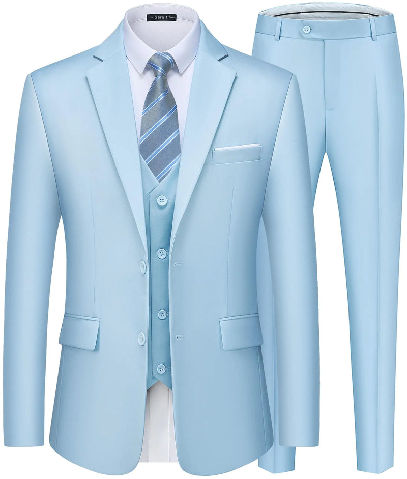 Saruit Mens Suits Slim Fit Tuxedo Suit Set 3 Piece 2-Button Solid Prom Wedding Party Blazer Vest Pants with Tie Light Blue