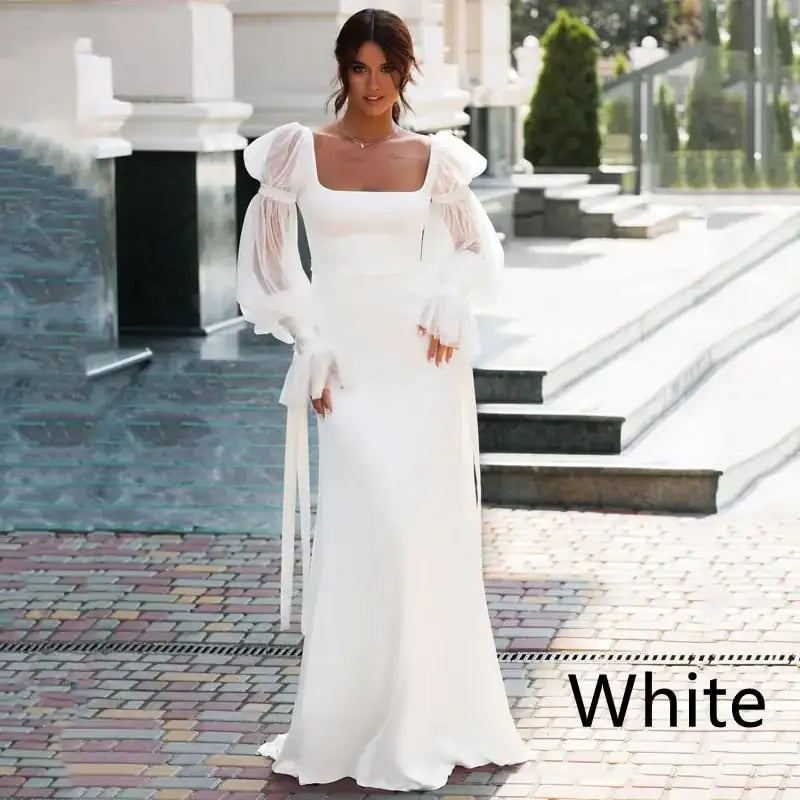 Elegant Satin Mermaid Wedding Dress with Puff Sleeves