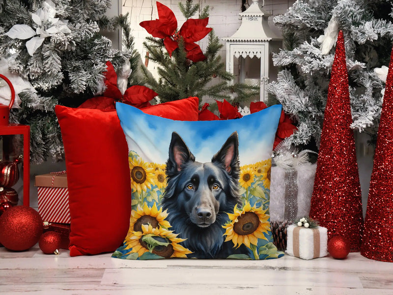 Belgian Sheepdog in Sunflowers Throw Pillow