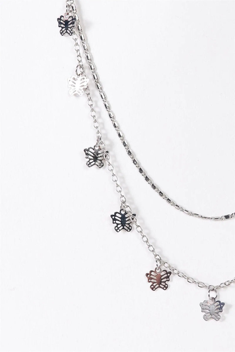 Double Link Chain Butterfly Pendants Necklace